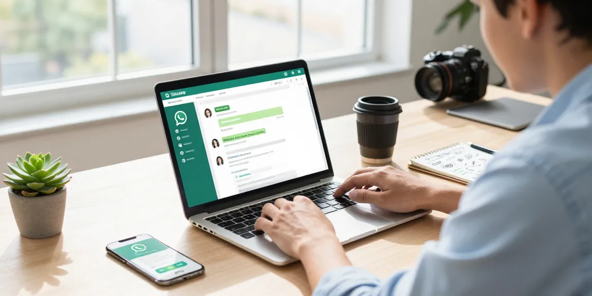 Using WhatsApp网页版 on a laptop in a modern office environment, showcasing collaboration and connectivity.