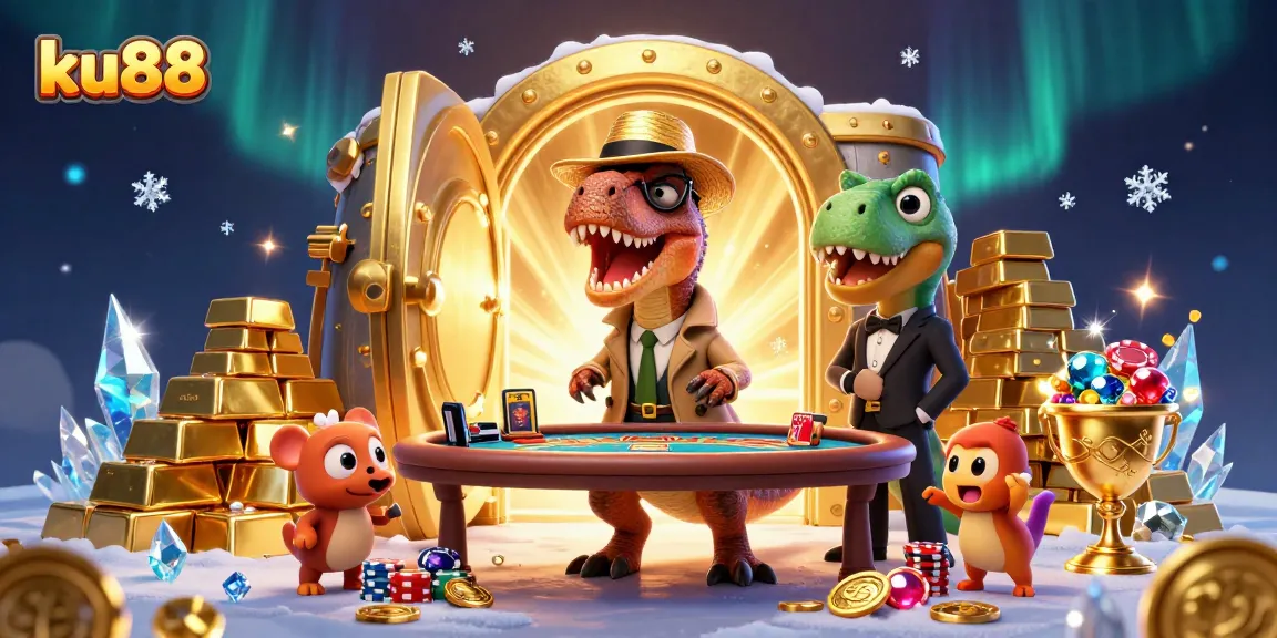 ku88 themed illustration of a velociraptor card counter at a blackjack table in a vibrant casino