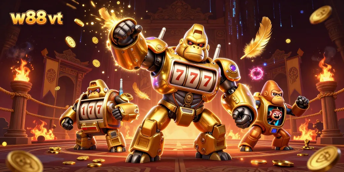 Khám phá w88 vt với robot gorilla vàng và các yếu tố cá cược đầy sức sống trong bối cảnh sòng bạc.