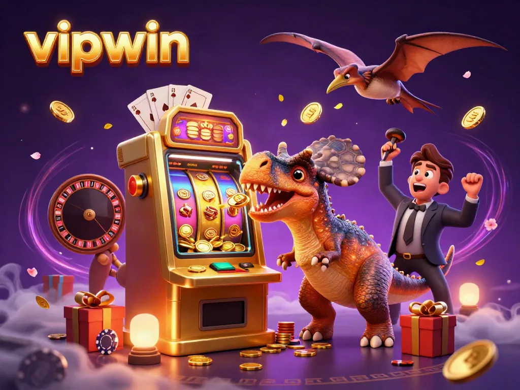 Experience thrilling gaming action as vipwin characters interact with a jackpot machine while catching golden coins in a vibrant casino atmosphere.