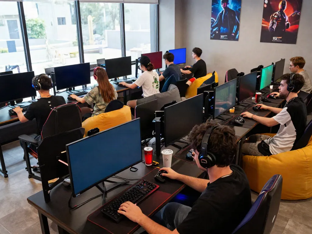 Group of gamers enjoying interactive gaming session at https://manclub1.jp.net/ in a vibrant lounge atmosphere.