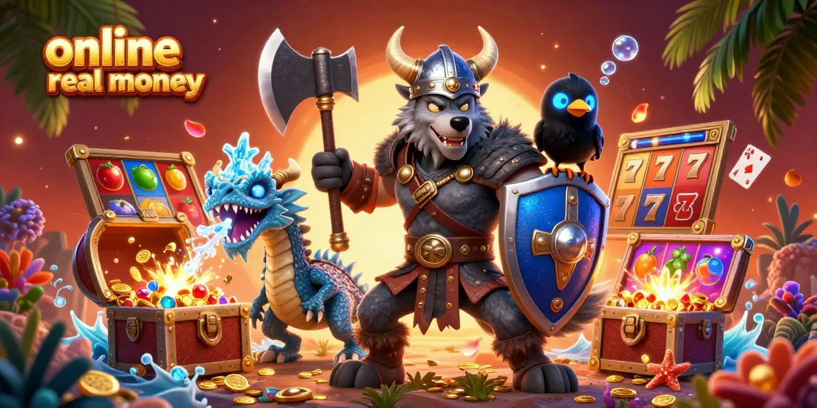 Engage in thrilling adventures at an online casino real money with vibrant characters surrounded by exciting game elements.