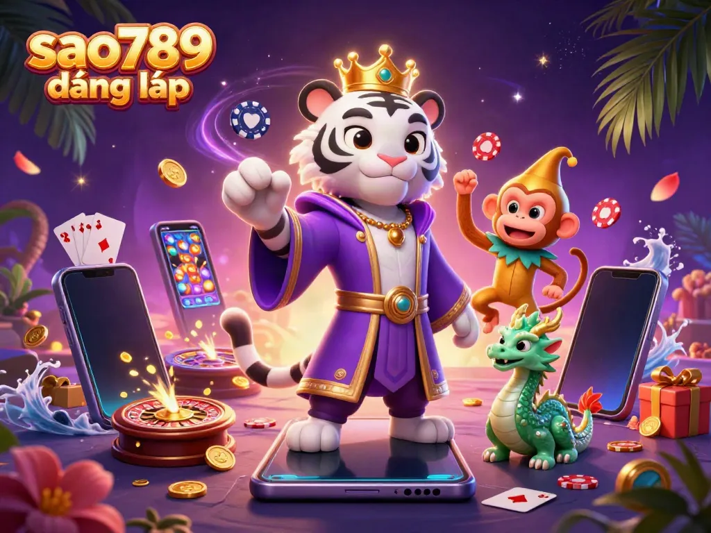Sao789 đăng nhập vibrant casino scene featuring a white tiger, golden monkey, and jade dragon with dynamic gaming elements.