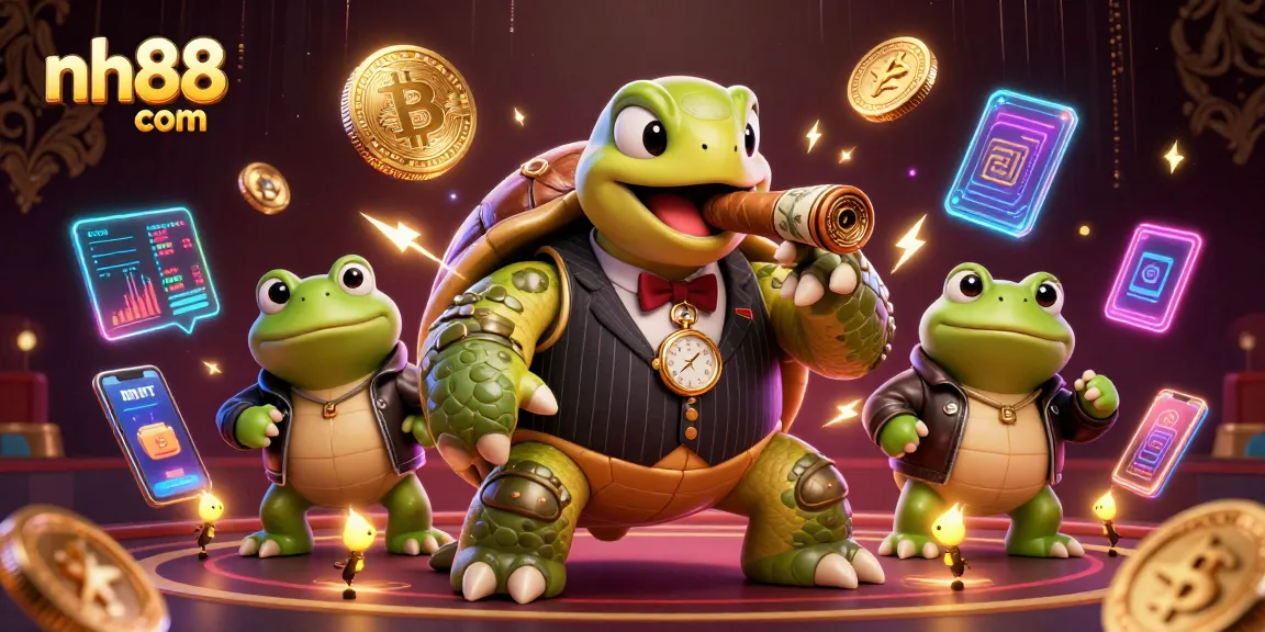 Engage with nh88 com's vibrant gaming scene featuring a mobster turtle and bullfrog enforcers.