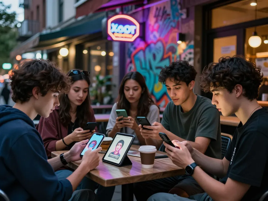 Group discussing ai porn implications at urban café with diverse individuals and AI-generated art.