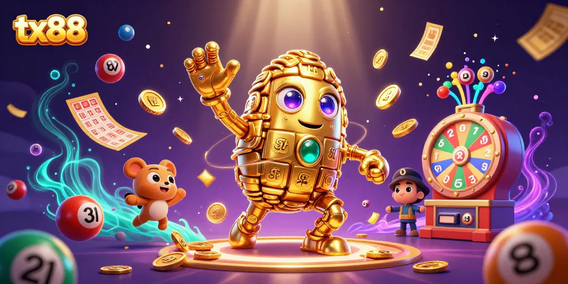 Experience tx88's gambling excitement with colorful lottery elements and a golden golem surrounded by dynamic visuals.