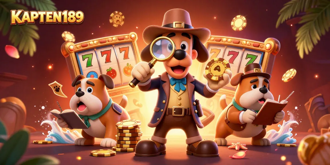 KAPTEN189 menampilkan detektif dan bulldog mencari petunjuk chip poker emas dalam suasana kasino yang ceria dan berwarna-warni.