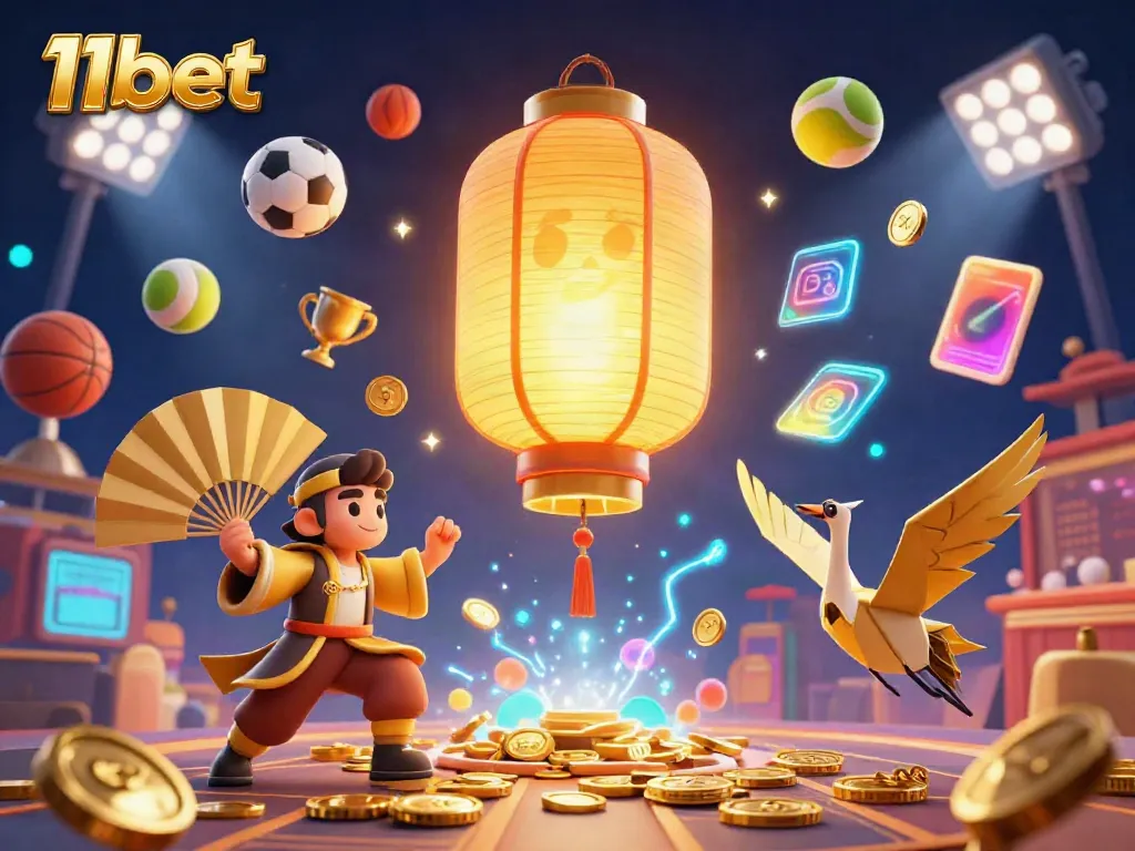 Experience thrilling casino excitement with 11bet, featuring dynamic golden lantern spirit and football elements.