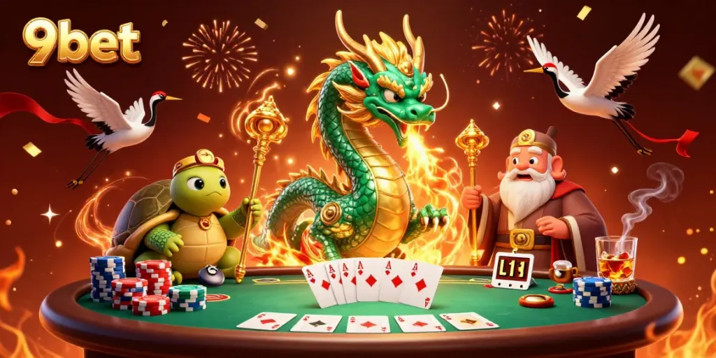 Experience the thrilling world of 9bet with a mesmerizing dragon, turtle sage, and lucky cranes.