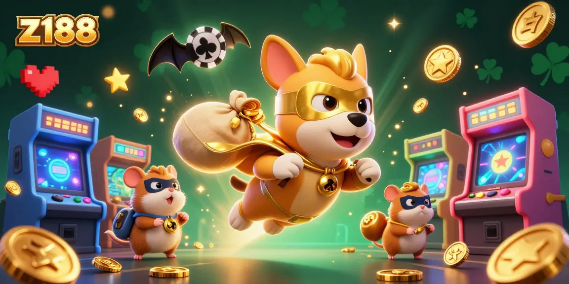 Experience the excitement of z188 with a heroic cartoon scene featuring a dog and hamster amidst casino-themed elements.