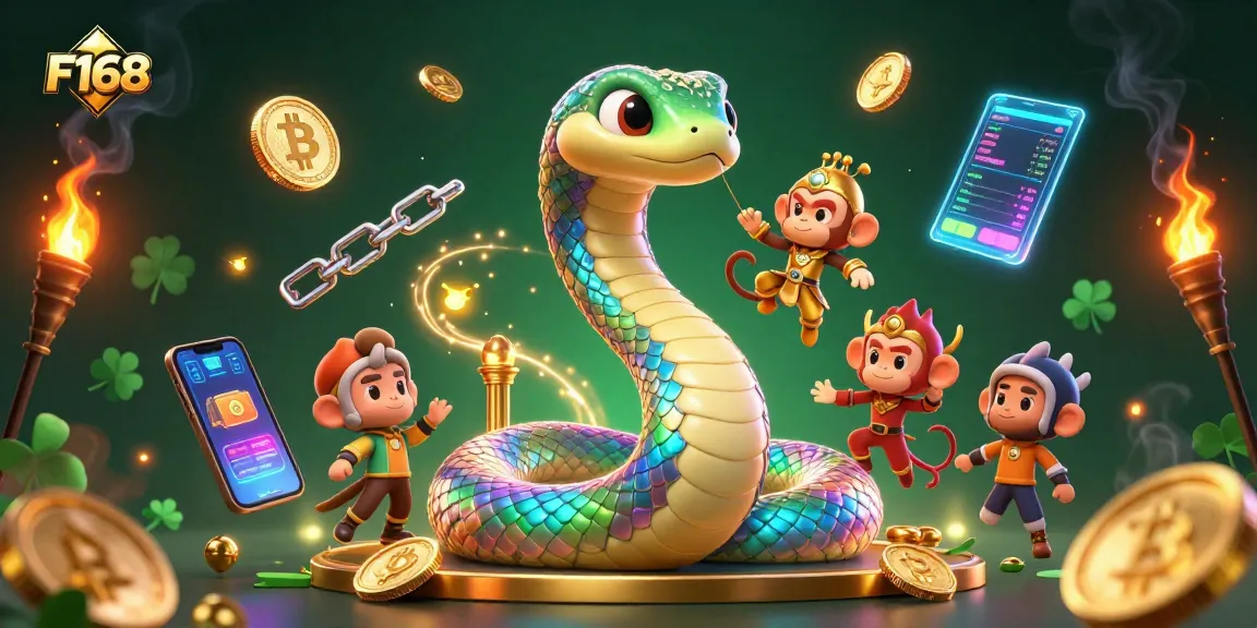 Experience thrilling gaming with F168's rainbow serpent and monkey king in an enchanting casino scene.