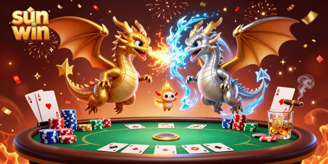 Experience the thrill of sun win with animated dragons battling amidst a vibrant casino backdrop.