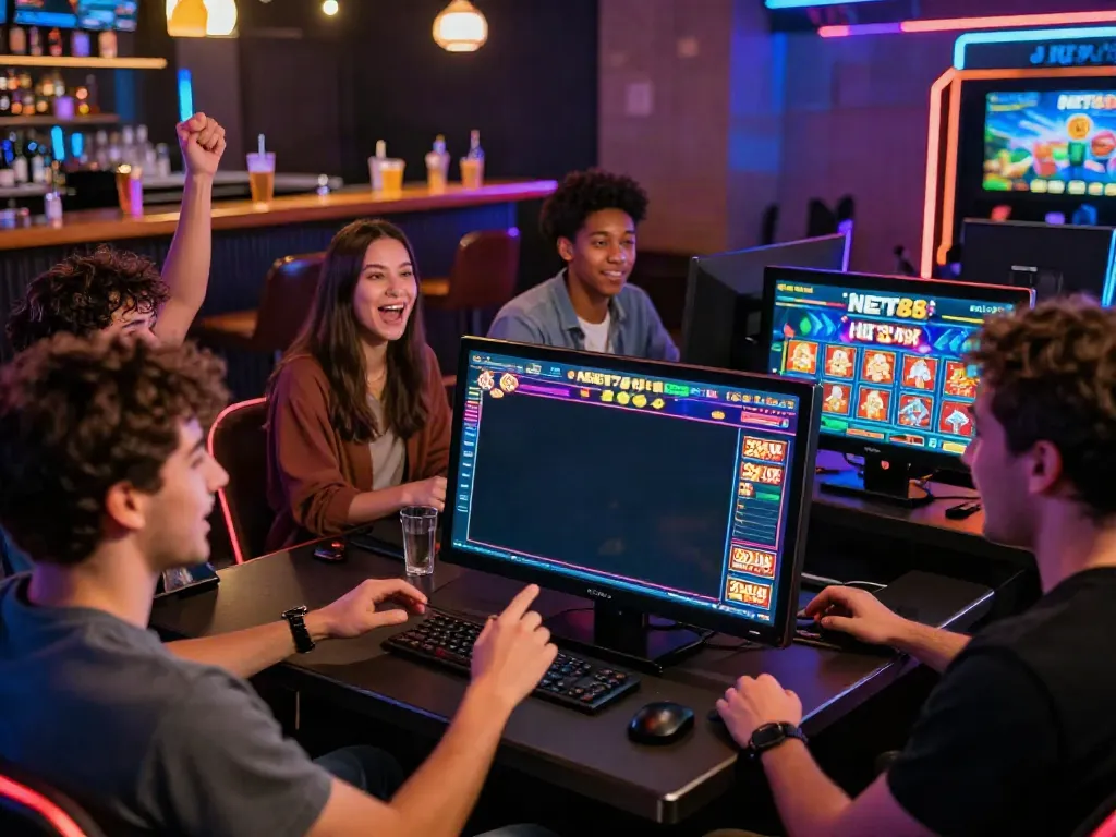 Exciting gaming night featuring friends playing on NET88 with vibrant visuals and social interaction.