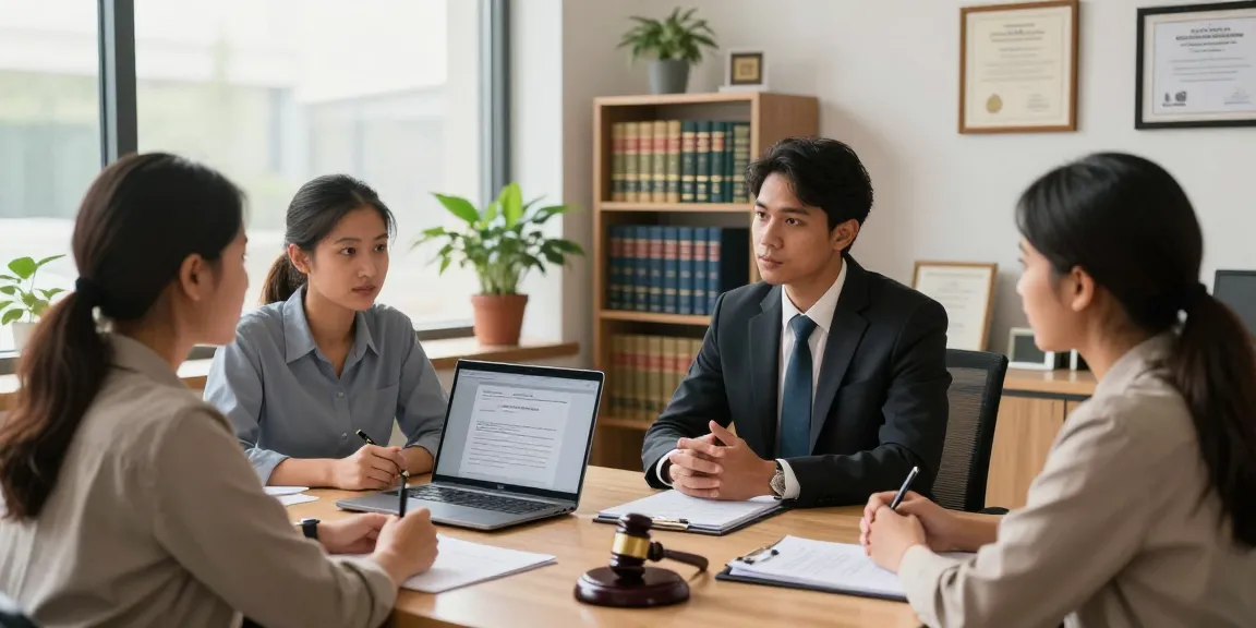 Anonymous legal consultation scene showing a lawyer assisting clients at a modern office.