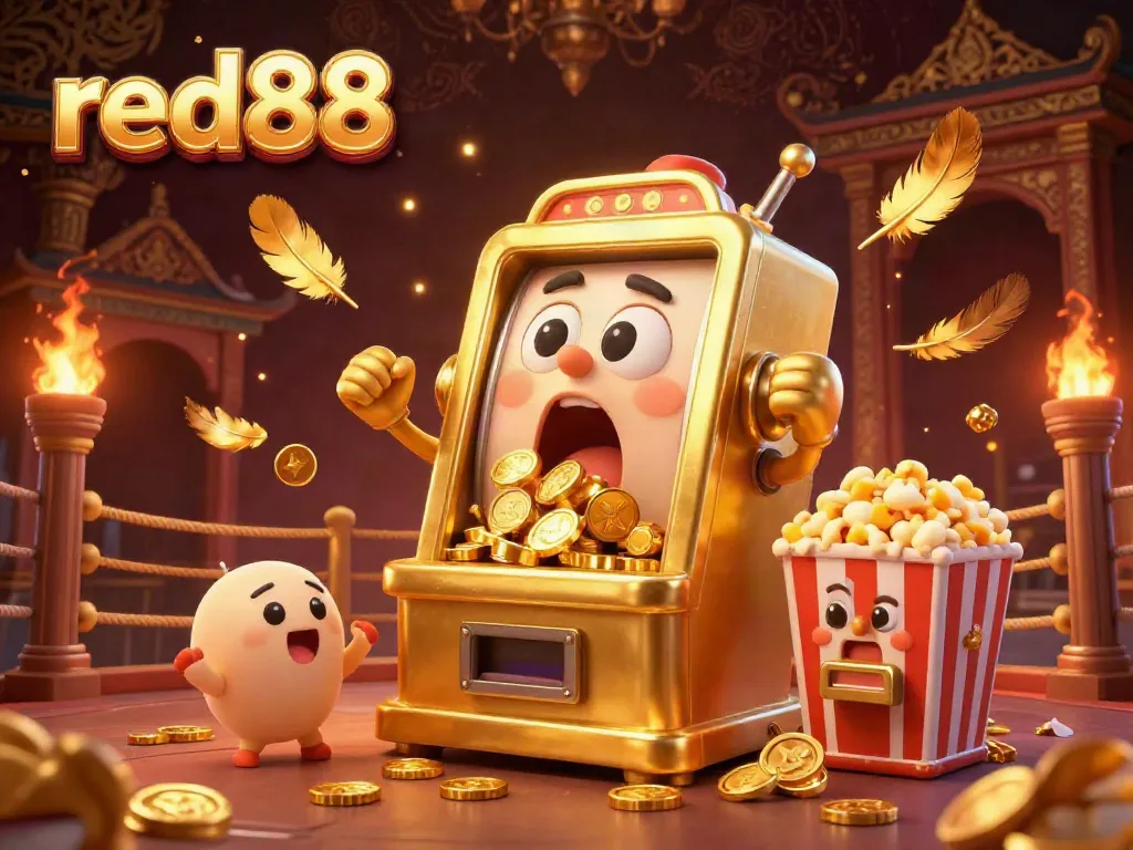Experience the excitement of red88 as the animated slot machine hits the jackpot, surrounded by cheering machines and gold coins.