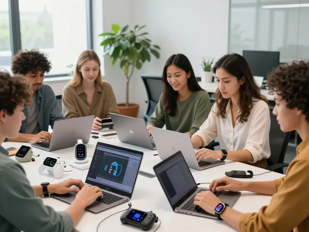 Showcasing the latest tech gadgets 2041 in a bright office setting with diverse individuals engaging with innovative devices like Bluetooth controllers and smartwatches.