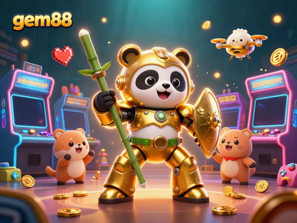 Experience the excitement of gem88 as a golden panda battles in a colorful 3D arcade casino arena.