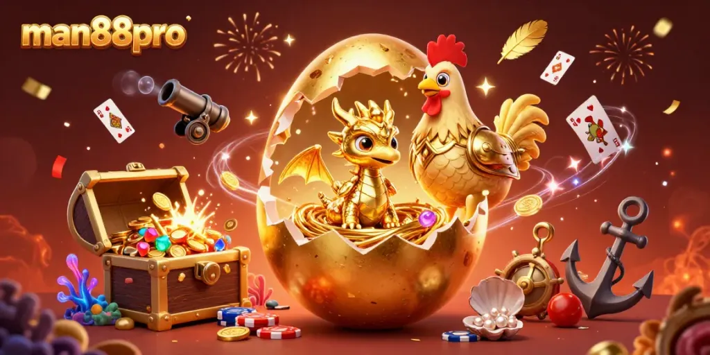 Experience excitement with man88pro's dazzling golden egg, vibrant cards, and treasures in this captivating casino scene.
