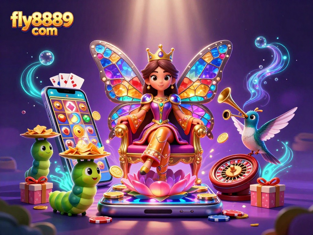 Experience the excitement of gaming at fly8889 com with whimsical characters and casino elements in a vibrant illustration.