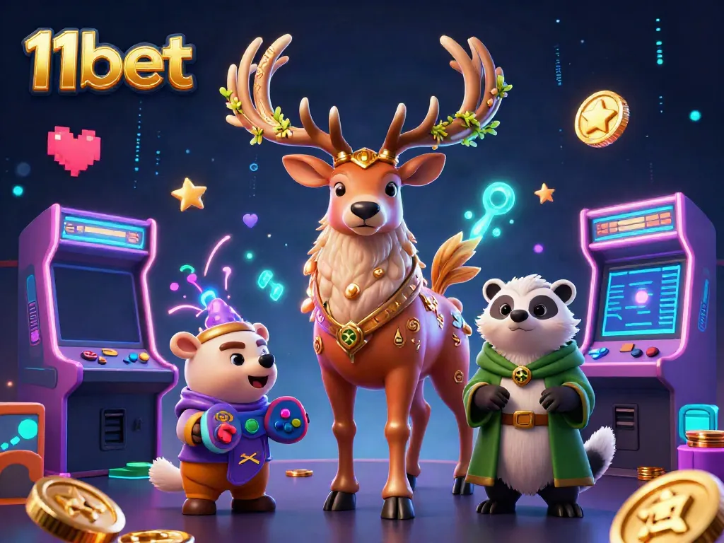 Experience the thrill of 11bet with vibrant casino characters and games in a dynamic illustration.