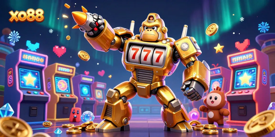 Experience a dynamic gaming adventure with xo88's golden gorilla mech and arcade game elements.