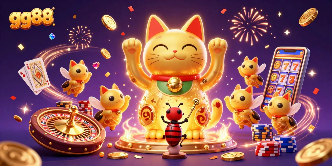 Experience the vibrant gg88 gaming scene with a lucky cat and casino symbols in a dynamic 3D illustration.
