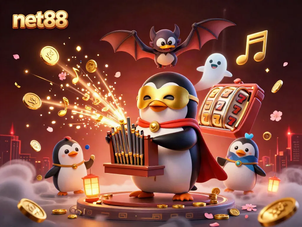 Experience the excitement of net88 with a vibrant casino scene featuring a phantom penguin and stunning slot reels.