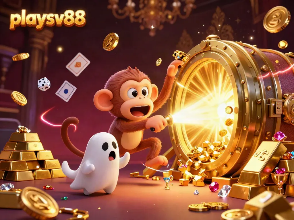 Experience thrilling gameplay at playsv88 with a mischievous poltergeist monkey in a vibrant casino scene.
