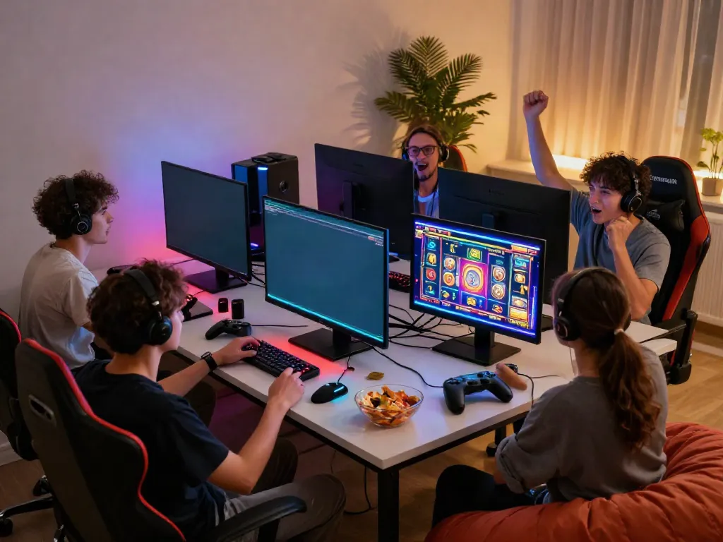Friends celebrating while playing da88 slot games in a vibrant gaming room.