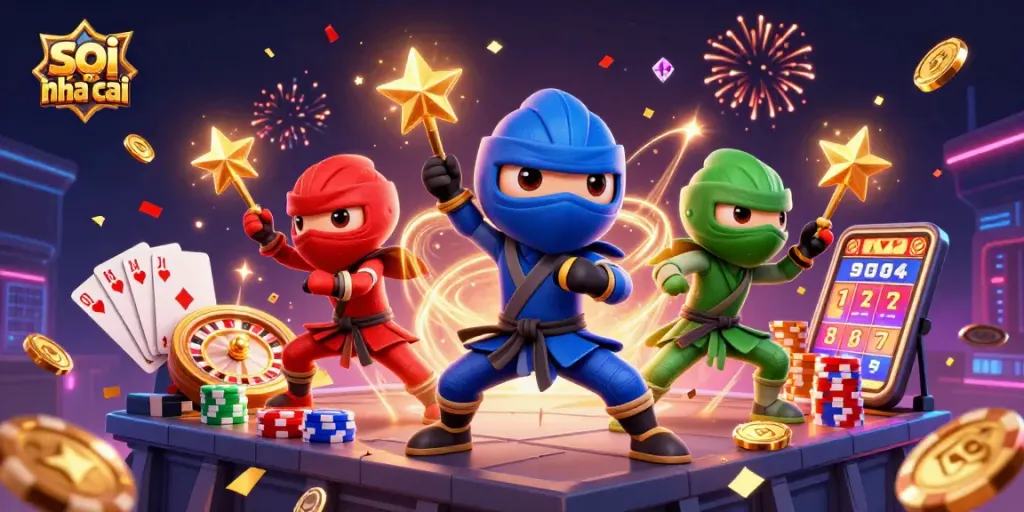 Synchronize bets and strategies with soi keo nha cai, featuring colorful chameleon ninjas amidst casino elements.