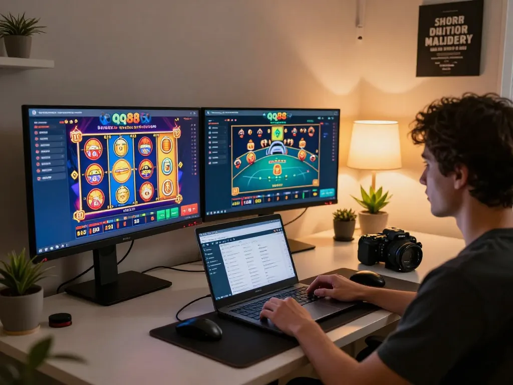 Engaged player experiencing dynamic gameplay at qq88 online casino on dual monitors in a cozy home setting.