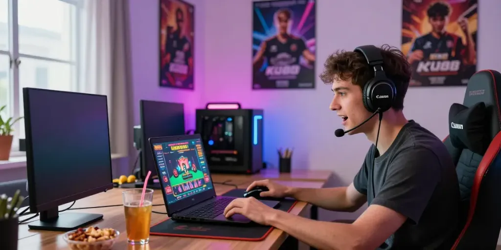 Engaged player at https://ku88vt.com/ enjoying a live casino game in a vibrant gaming room.