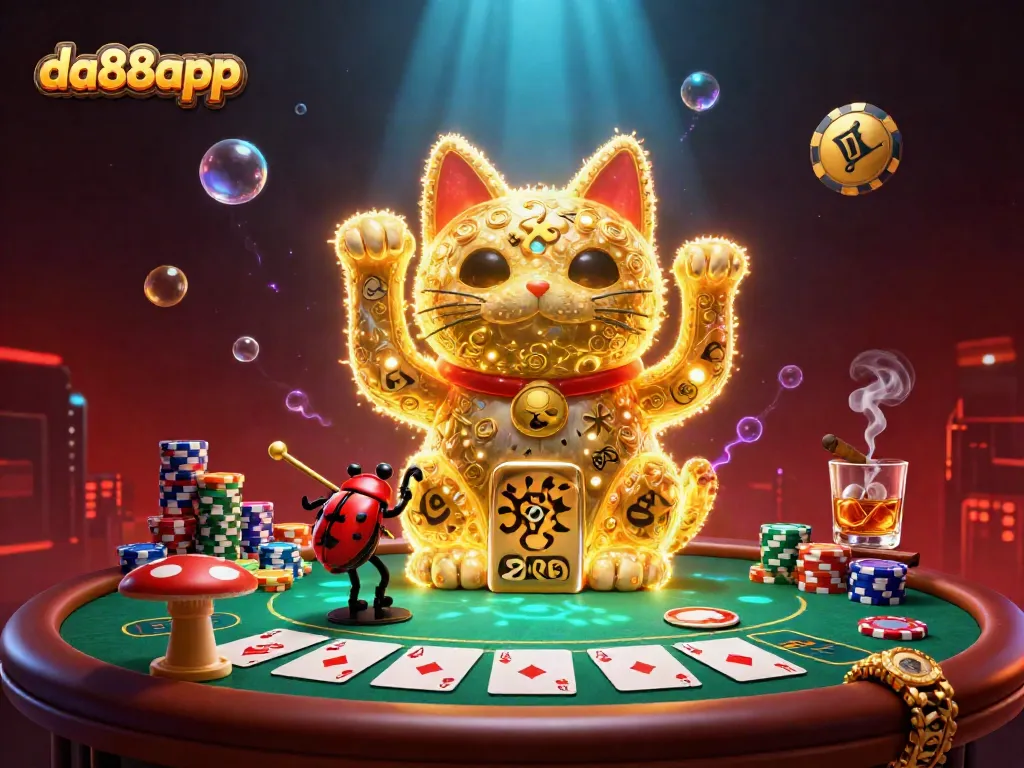 Experience winning strategies with da88app at a whimsical casino scene featuring a lucky cat.
