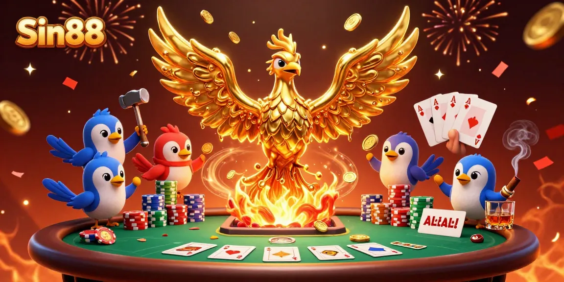 Sin88 offers exciting poker adventures with a golden phoenix and lavish casino elements.