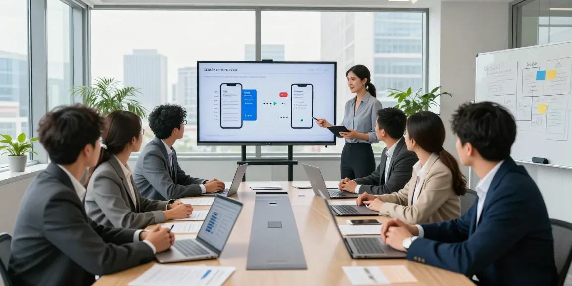 Team collaborating in a modern office discussing cheap business mobile deals with digital presentations