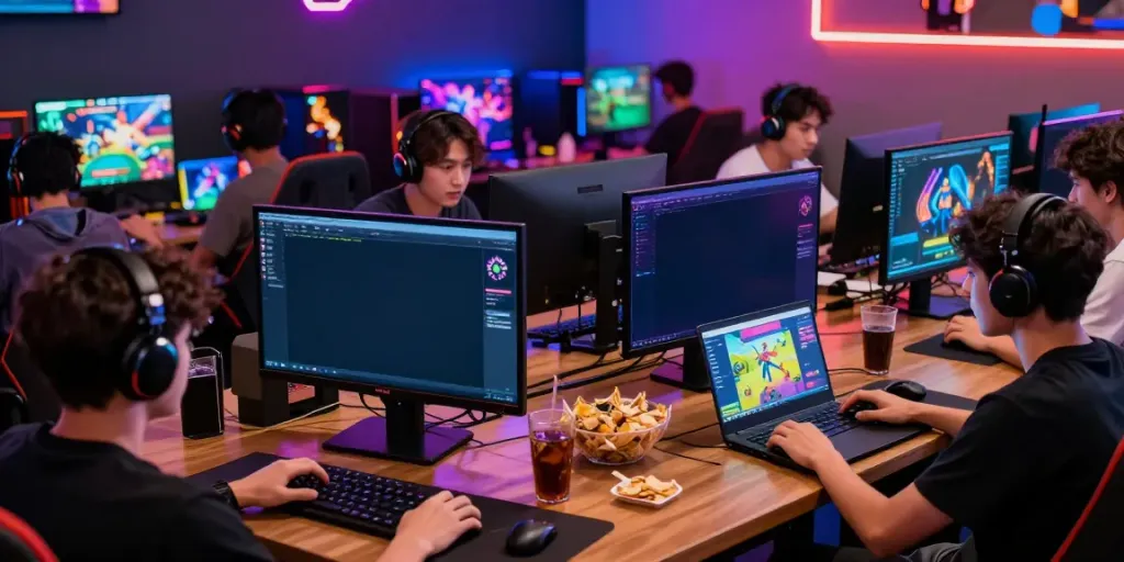 Engaged gamers exploring Hitclub's online gaming platform with vibrant graphics.