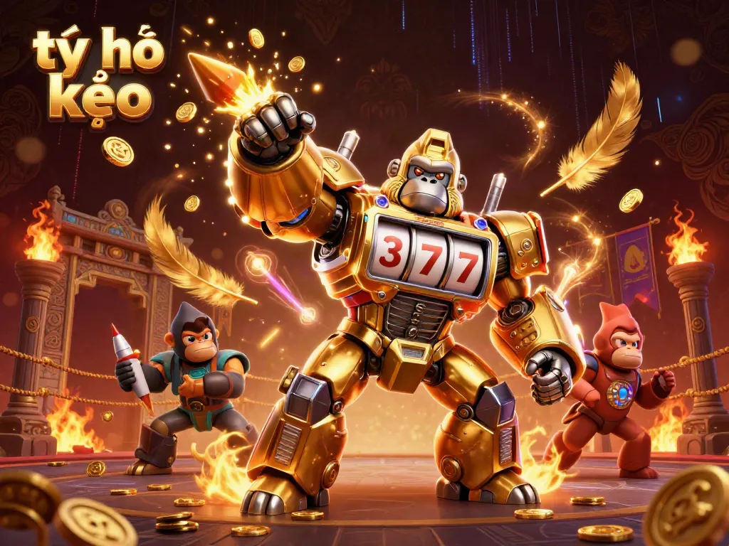 Experience the excitement of tỷ lệ kèo with the dynamic golden gorilla mech and a lively betting scene.