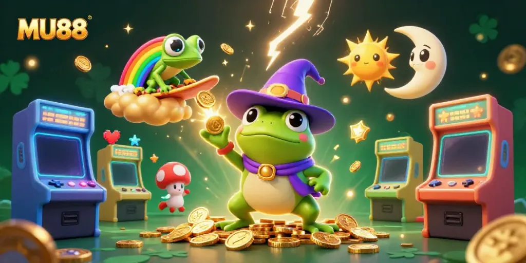 Join the excitement at MU88 with a vibrant 3D illustration of gaming characters amidst golden coins and dynamic game elements.