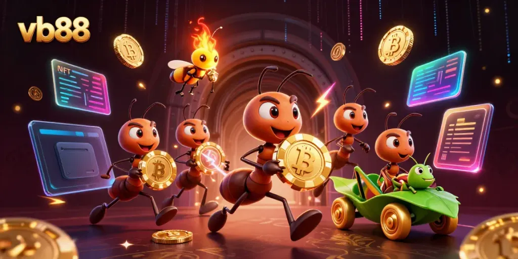 Experience the thrill of vb88 with cartoon ants on a heist, golden poker chip heist scene!