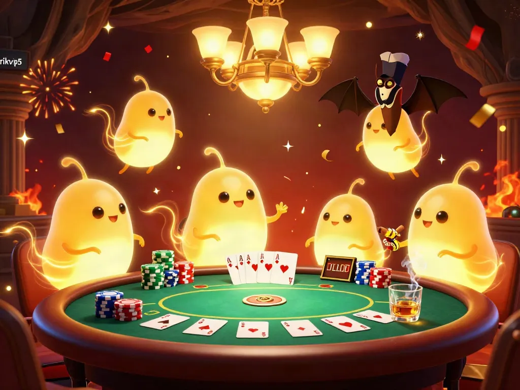 Engage with thrilling poker action at rikvip5's vibrant cave casino, illuminated by glowing characters.