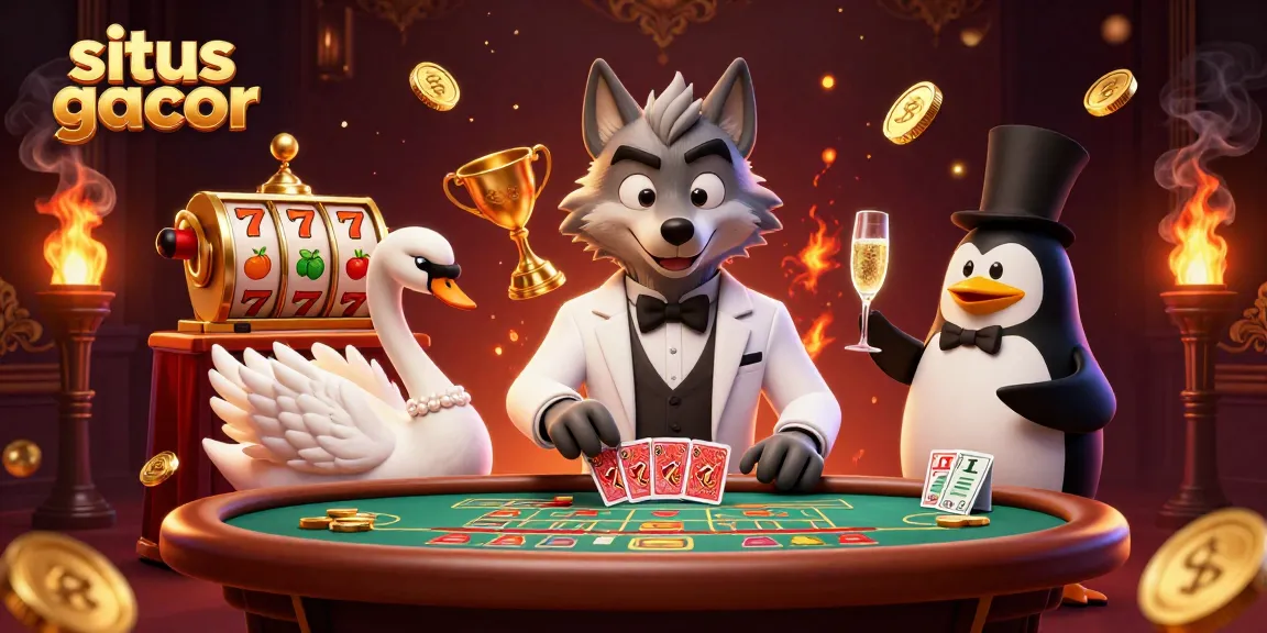 Situs gacor slots feature dynamic 3D illustration of a wolf at a baccarat table with a swan and penguin.