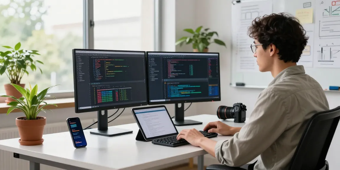 快连 network optimization tools in a modern tech workspace with dual monitors, coding setup, and collaborative elements.