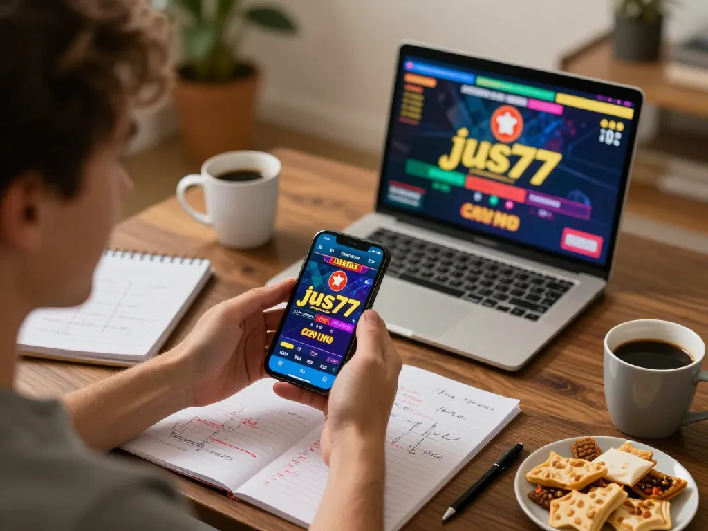 Engaging with the jus77 casino app for strategic betting, showcasing online gambling atmosphere