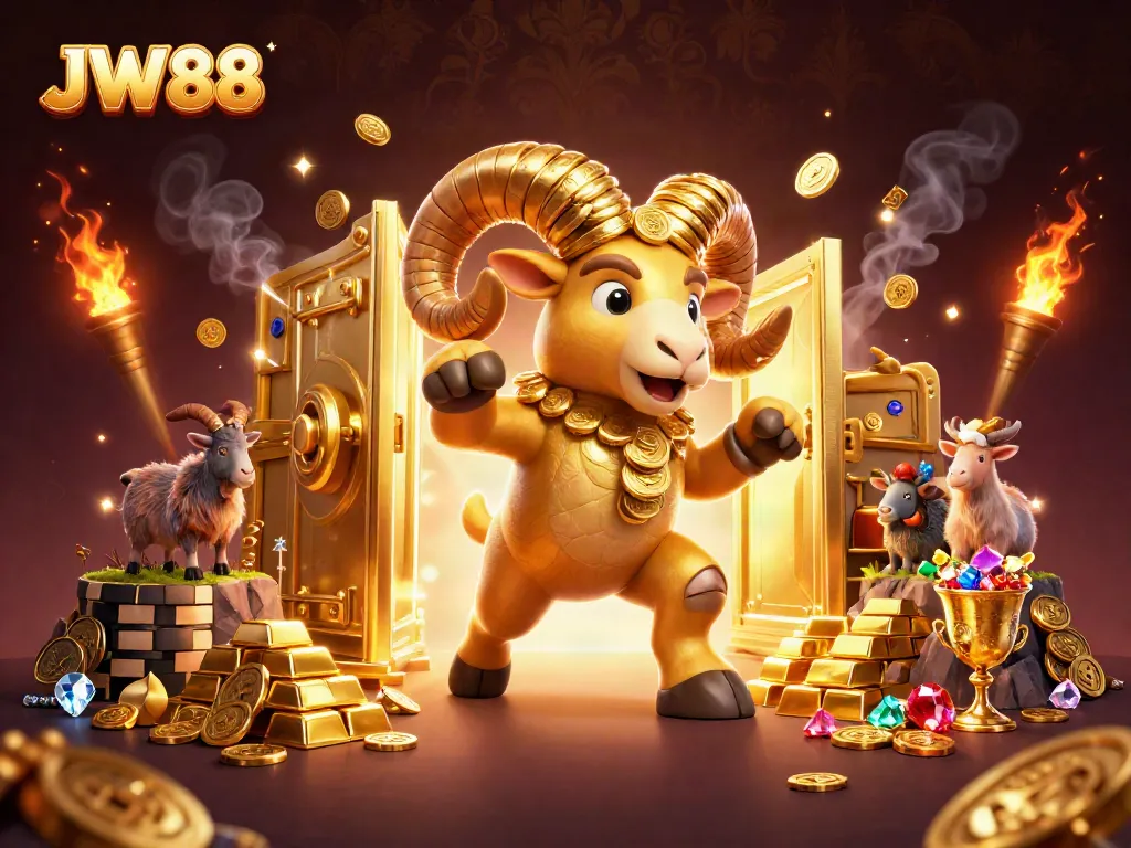 Experience thrill at JW88 with a golden ram charging into a treasure vault filled with jewels.