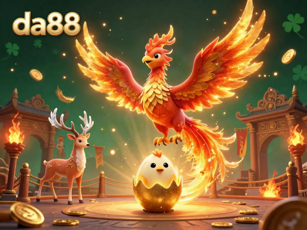 Experience the thrilling world of da88 with dynamic golden feathers, the mythical fire phoenix and its baby in an exciting casino atmosphere.