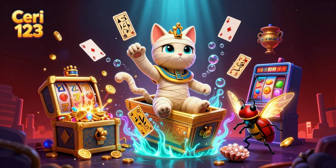 Ceri 123 presents an exciting illustration showcasing a mummy cat and scarab beetle in a dynamic slot machine casino scene, celebrating big wins.