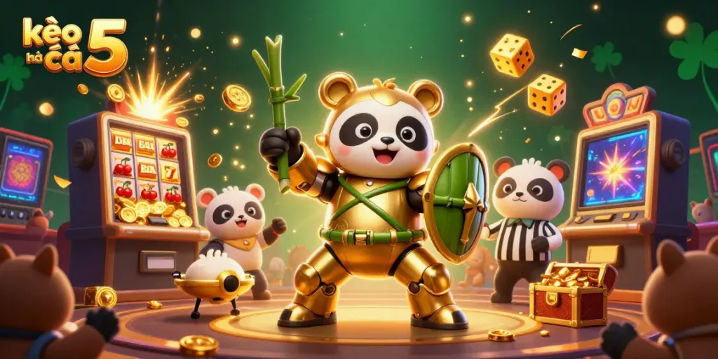 Bet smarter with kèo nhà cái 5 showcasing a thrilling panda mech-suit battle in a casino.