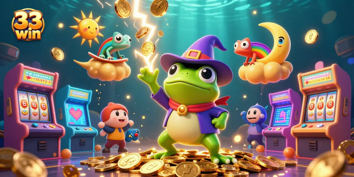 Experience 33 win with a storm of golden coins, vibrant characters, and casino game elements.