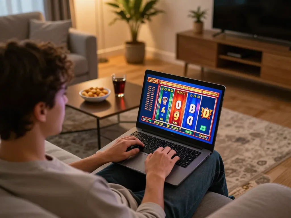Player engaging with exciting online slots on keonhacaii platform from a cozy living room