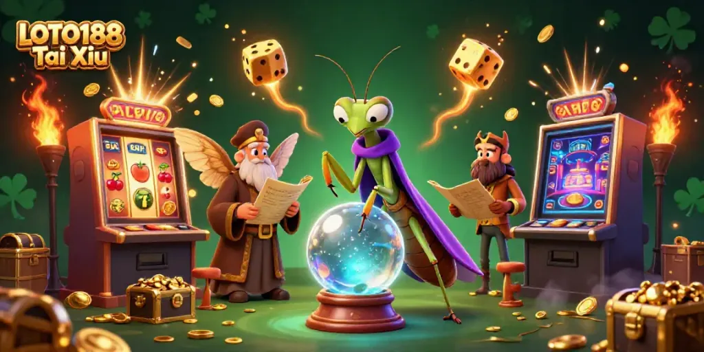 Experience thrilling LOTO188 Tai Xiu action with vibrant luck symbols, fortune tellers, and an engaging casino backdrop.